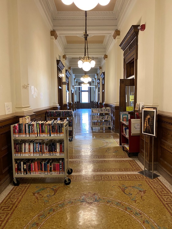 East hallway to Frends of Library Bookseller and cafe